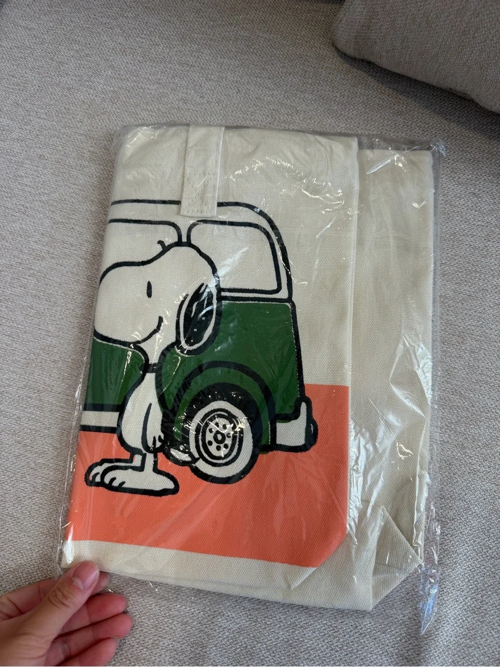 Peanuts Canvas Tote with Green Car, Coral Accent